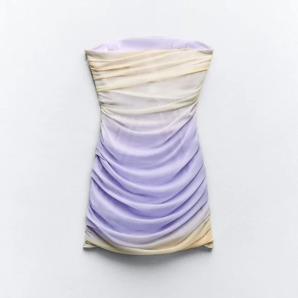 Zara Lilac & Beige Ruched Draped Mesh Mini Dress - Picture 7 of 15
